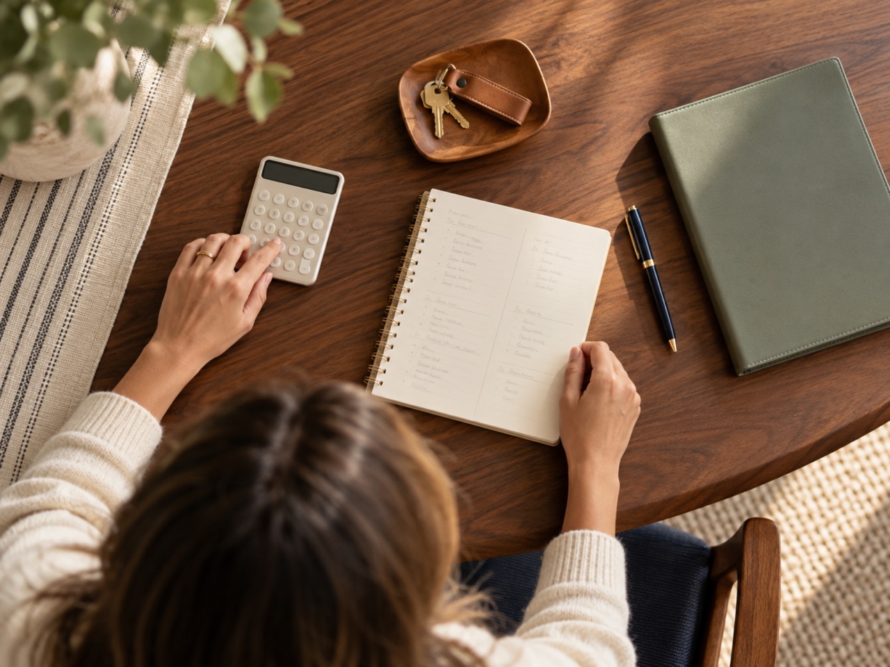 A hand using a calculator beside a home-budget notebook and keys on a dining table.