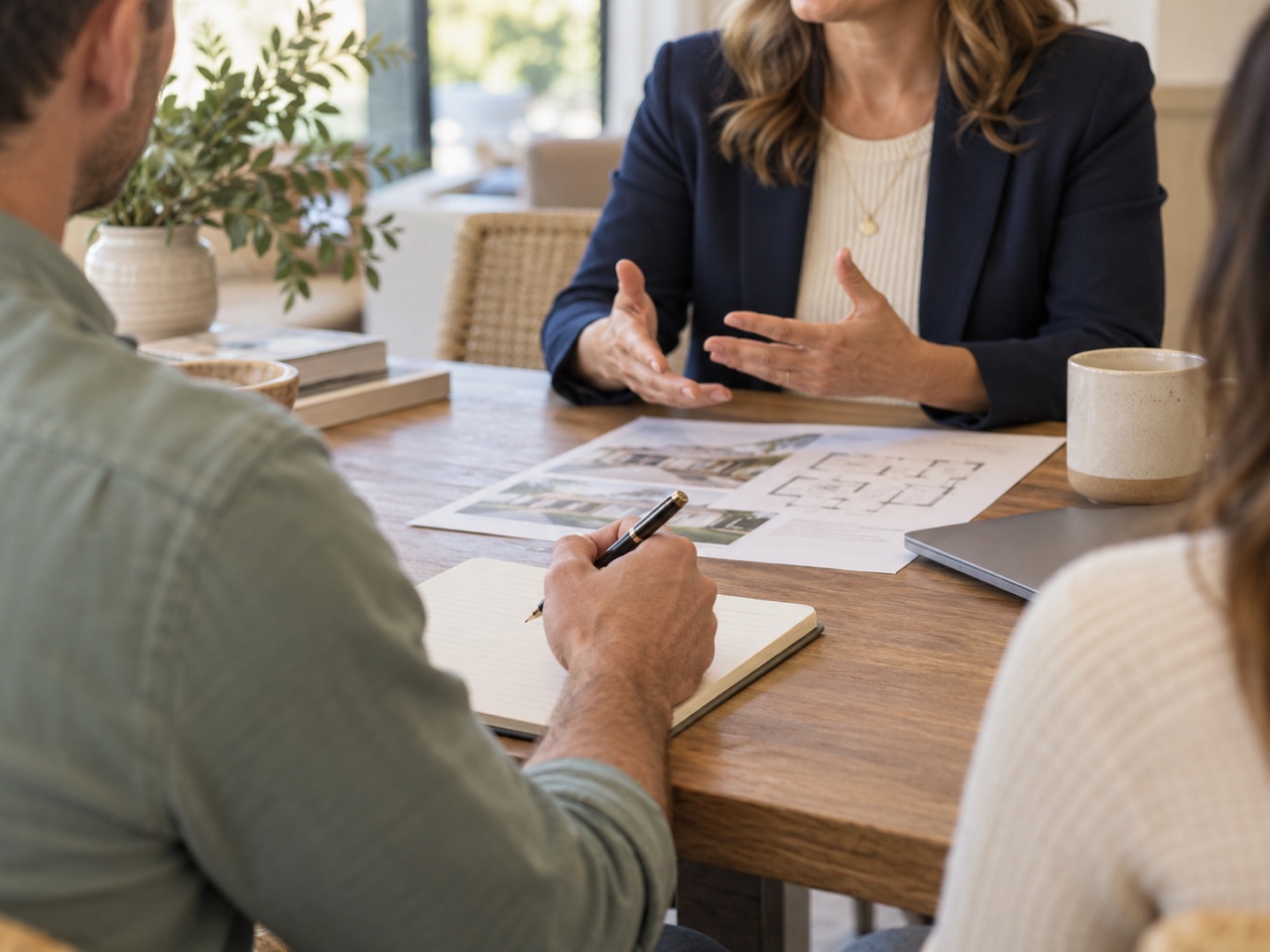 A homebuyer taking notes while an advisor answers questions across a table.