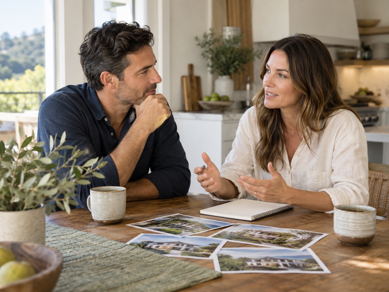Homebuyers discussing their priorities over a notebook and home photos at a kitchen table.