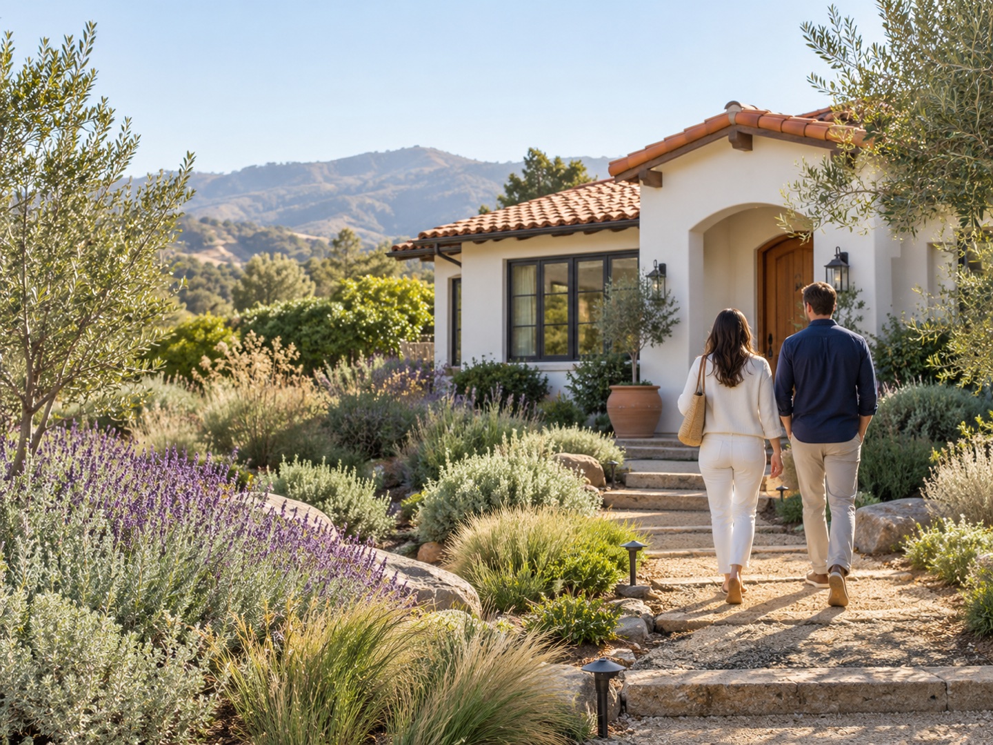 A couple approaching a sunlit California-style home along a landscaped path.