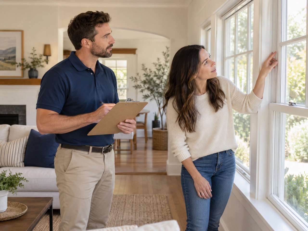 A home inspector and buyer reviewing a window and checklist during a property walkthrough.