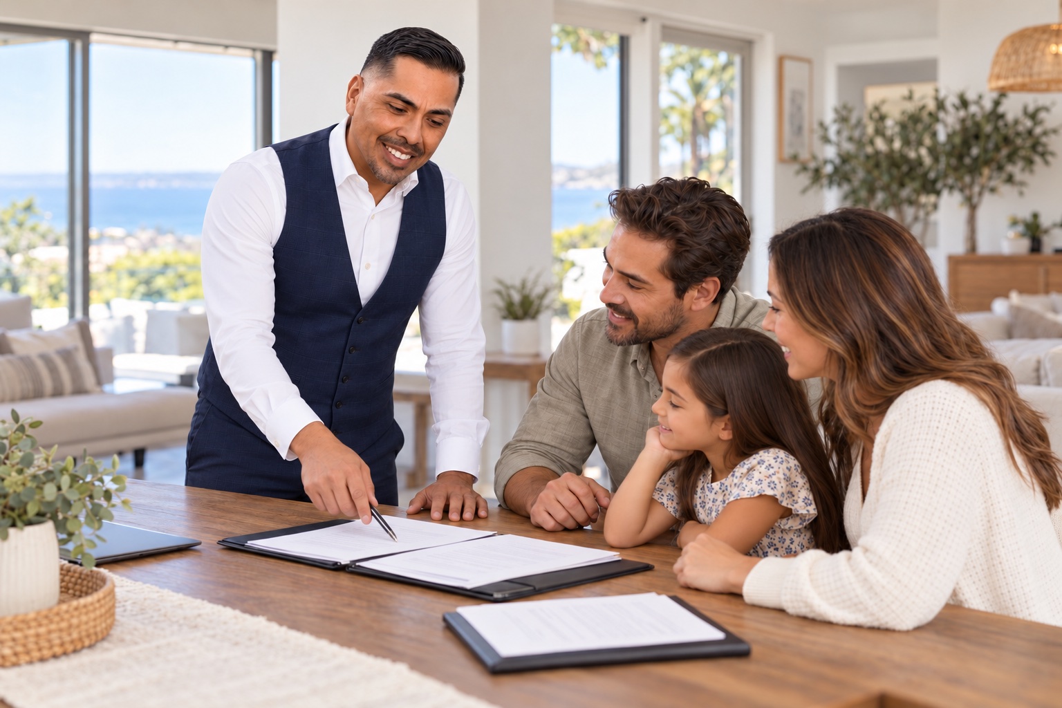 Eddie Guajardo reviewing documents with a family around a dining table