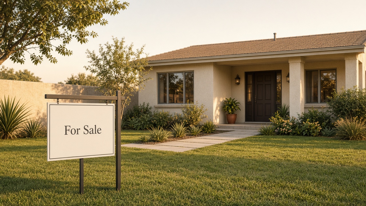 A for-sale sign outside a California-style single-story home