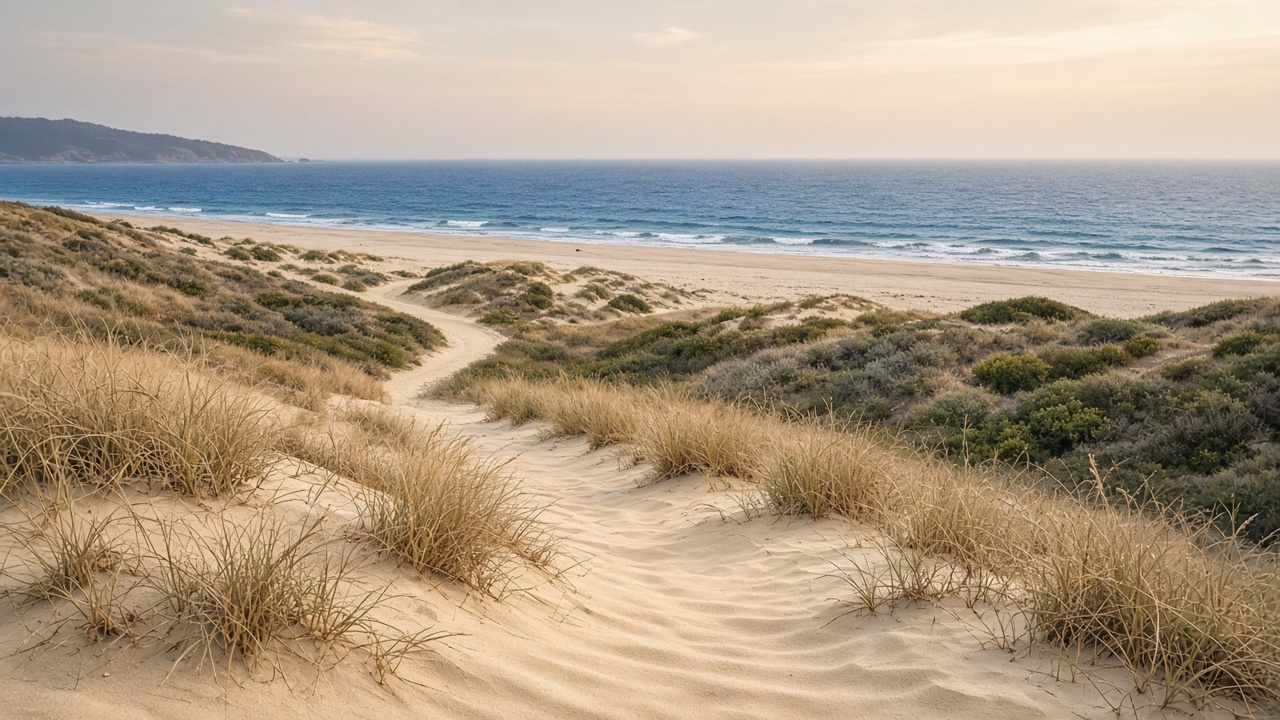 A sandy path through coastal dunes toward Monterey Bay