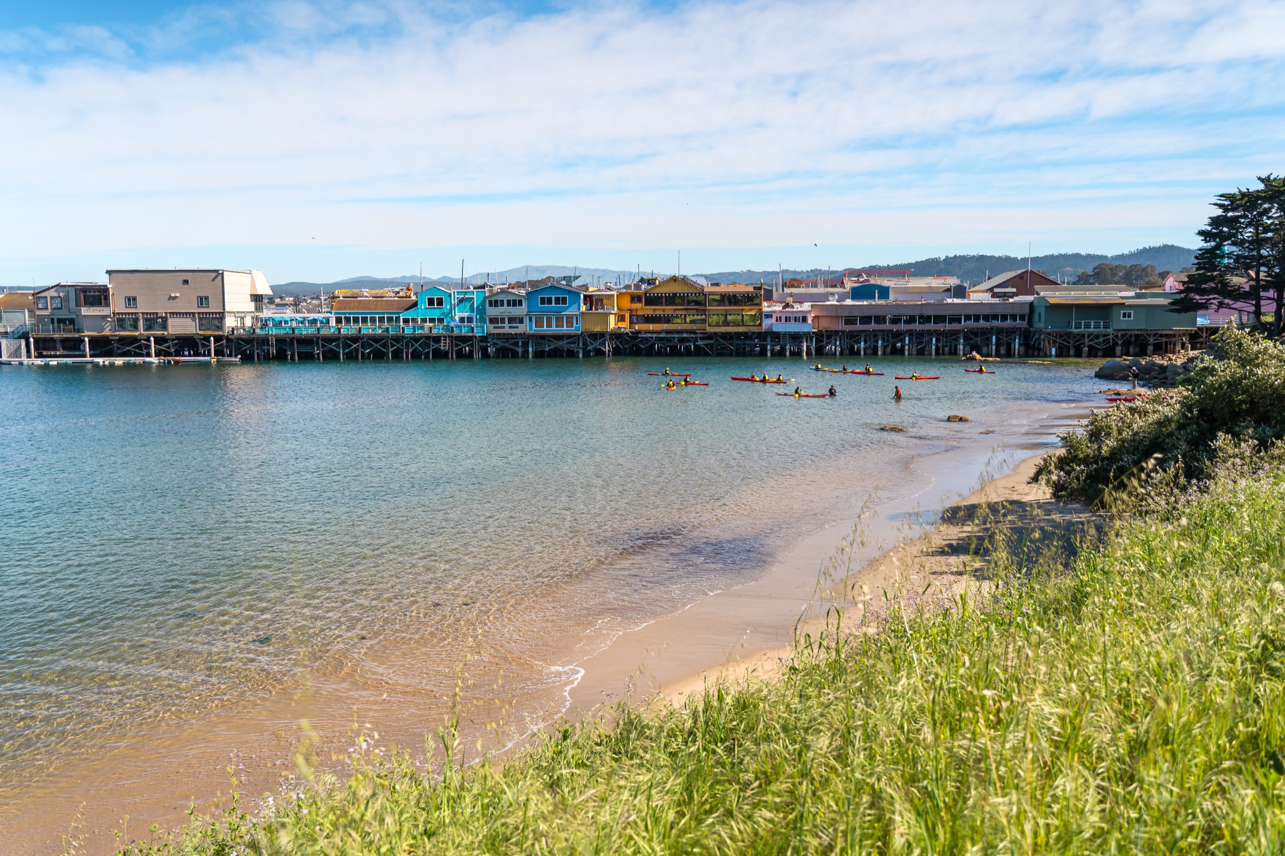 Colorful waterfront buildings at Old Fisherman’s Wharf in Monterey, California