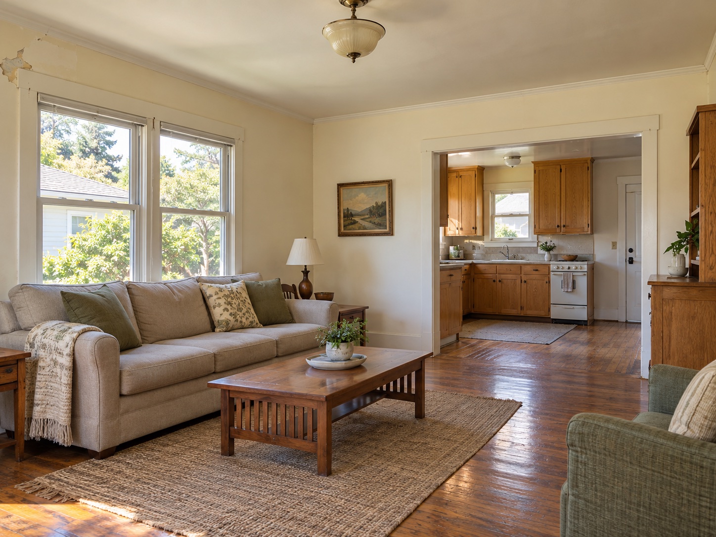A clean older home interior with dated finishes and practical renovation potential.