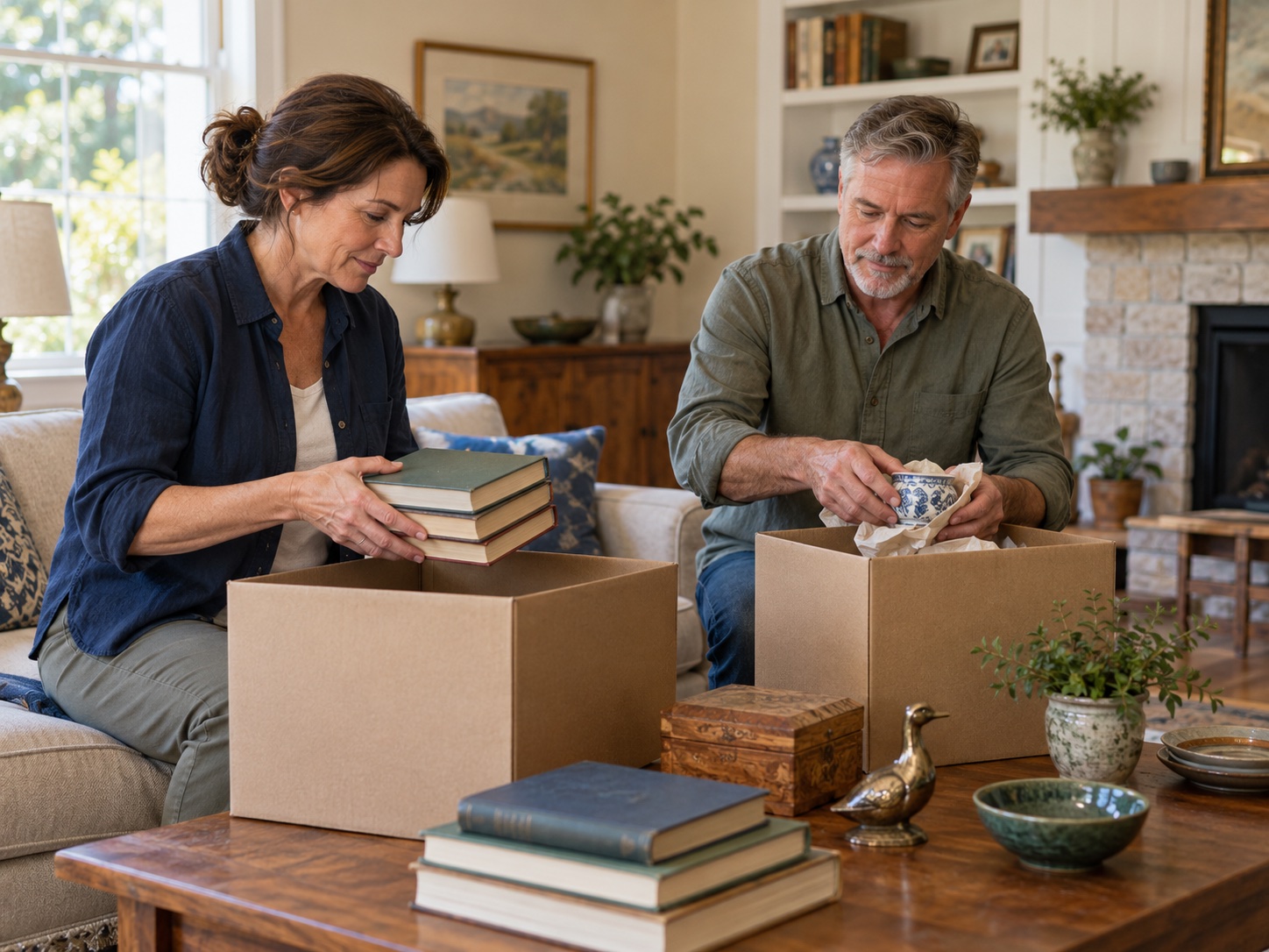 An estate coordinator helping a homeowner carefully sort books and household belongings into boxes.
