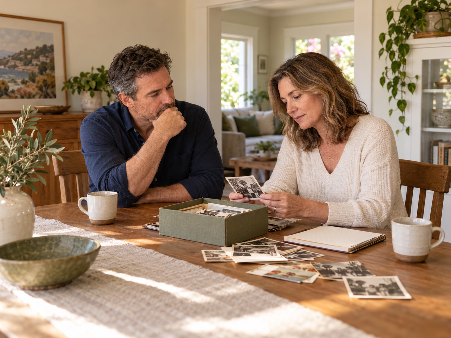 Two adult family members discussing an inherited home and sorting family photographs at a dining table.