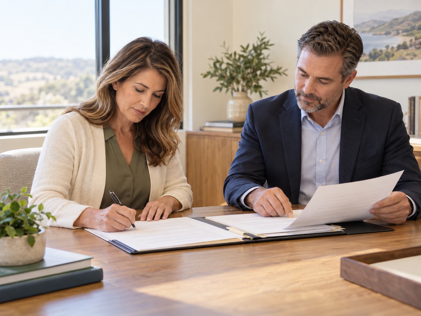An estate representative reviewing and signing closing paperwork with an escrow professional.