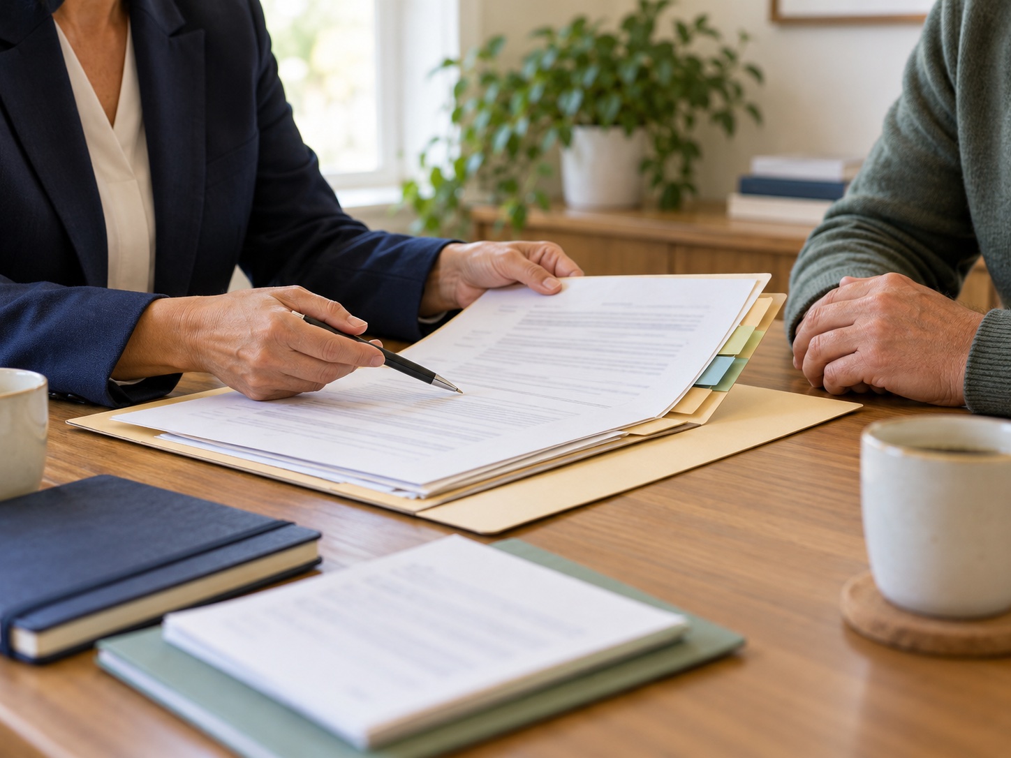 An advisor explaining organized estate documents to an estate representative across a desk.