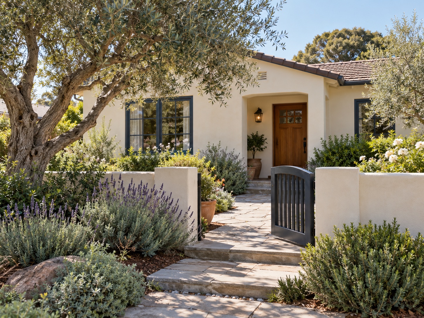 An established single-story California home with a mature garden and a welcoming front path.