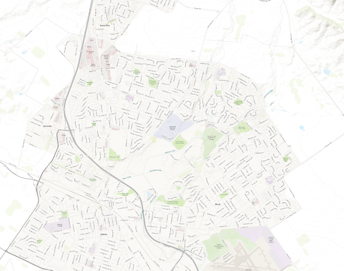 Detailed street map of Salinas with numbered markers for the neighborhoods and communities listed below
