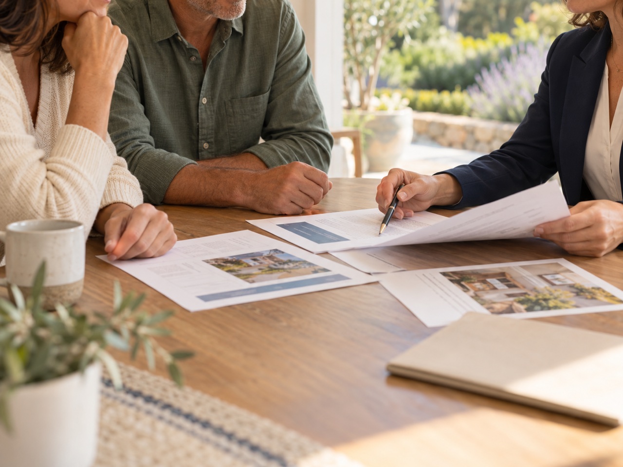 An advisor reviewing offer paperwork with homeowners around a table.