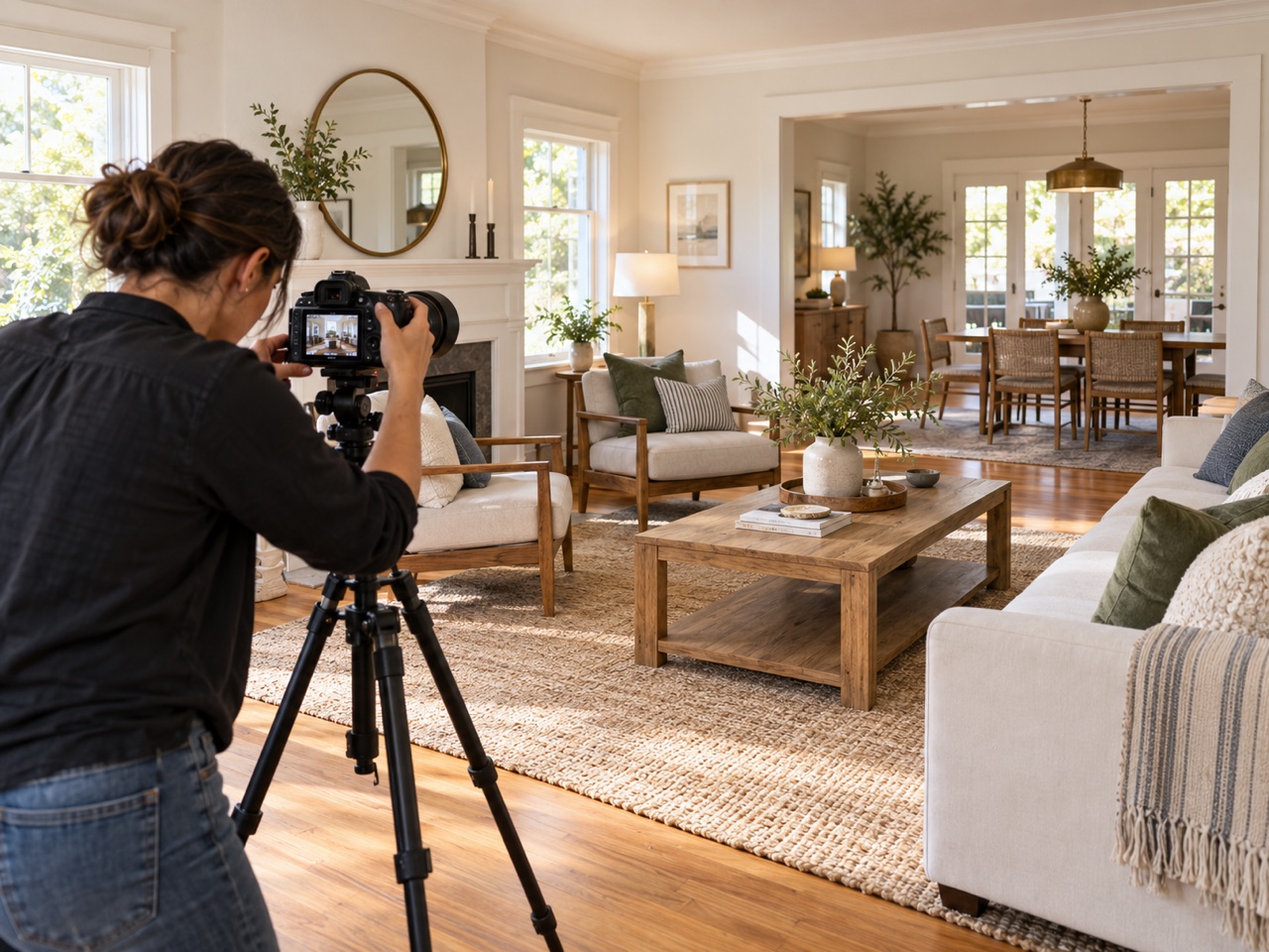 A real estate photographer photographing a prepared living and dining space.