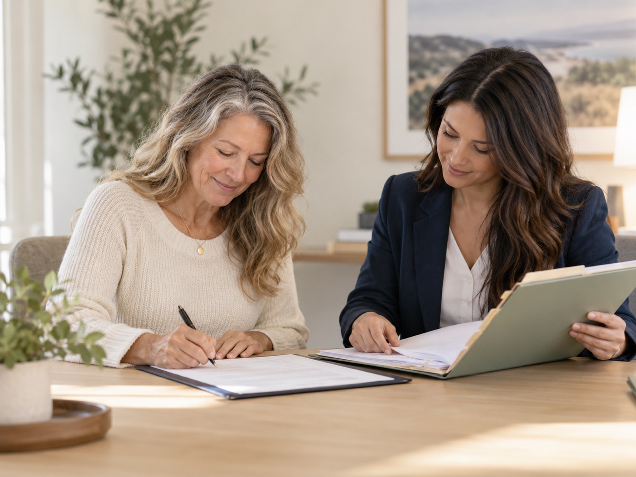 A homeowner completing closing paperwork with an escrow professional.