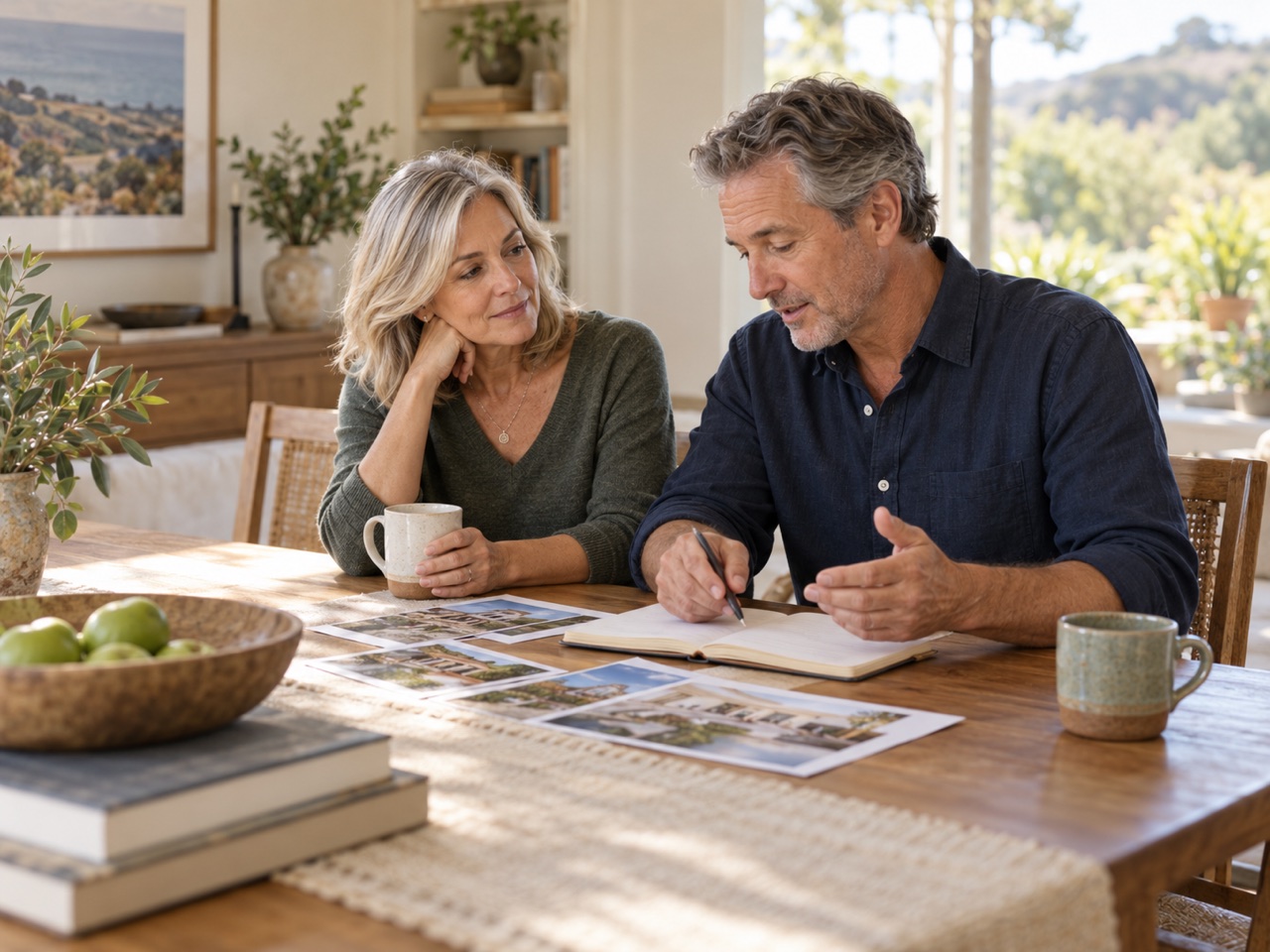 Homeowners discussing their selling plans together at a dining table.